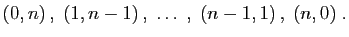 $\displaystyle (0,n) ,\;(1,n-1) ,\;\ldots\;,\;(n-1,1) ,\;(n,0)\;.
$