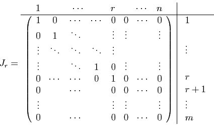 \begin{displaymath}
J_r =
\begin{array}{c\vert c}
\left.
\begin{array}{cccccccc}...
...15ex]
r+1\ [0.15ex]
\vdots\ [0.15ex]
m
\end{array}\end{array}\end{displaymath}