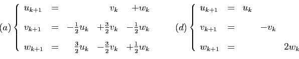 \begin{displaymath}
(a)
\left\{
\begin{array}{lcrrr}
u_{k+1} &=&&v_k&+w_k \ [2e...
...
v_{k+1}&=& &-v_k&\ [2ex]
w_{k+1}&=&&&2w_k
\end{array}\right.
\end{displaymath}