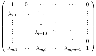 $\displaystyle \left(\begin{array}{cccccc}
1&0&\cdots&\cdots&\cdots&0\\
\lambda...
...\lambda_{m,1}&\cdots&\lambda_{m,i}&\cdots&\lambda_{m,m-1}&1
\end{array}\right)
$