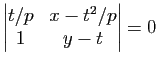 $\displaystyle \begin{vmatrix}
t/p &x-t^2/p\\
1 & y-t
\end{vmatrix}=0$