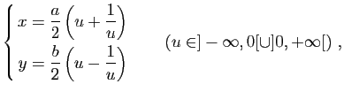 $\displaystyle \left\{ \begin{aligned}x&=\dfrac{a}{2}\left( u+\dfrac{1}{u}\right...
...nd{aligned} \right. \qquad \left(u\in ] -\infty,0[ \cup ] 0,+\infty[\right)\, ,$