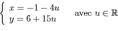 \begin{displaymath}
\left\{
\begin{array}{l}
x=-1-4u\\
y=6+15u\\
\end{array}\right.
\quad \mbox{avec } u\in \mathbb{R}
\end{displaymath}