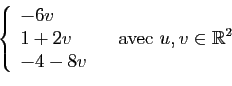 \begin{displaymath}
\left\{
\begin{array}{l}
-6v\\
1+2v\\
-4-8v\\
\end{array}\right.
\quad \mbox{avec }u,v\in \mathbb{R}^2
\end{displaymath}