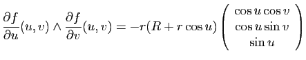 $\displaystyle \frac{\partial f}{\partial u}(u,v) \wedge \frac{\partial f}{\part...
...(\begin{array}{c}
\cos u \cos v\\
\cos u \sin v\\
\sin u
\end{array}\right)
$