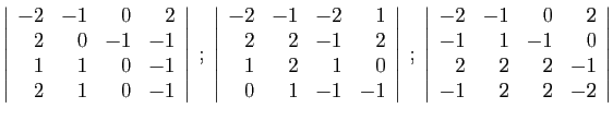 $\displaystyle \left\vert\begin{array}{rrrr}
-2&-1&0&2\\
2&0&-1&-1\\
1&1&0&-1\...
...}{rrrr}
-2&-1&0&2\\
-1&1&-1&0\\
2&2&2&-1\\
-1&2&2&-2
\end{array}\right\vert
$