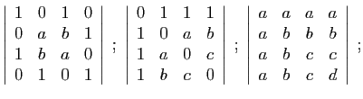 $\displaystyle \left\vert\begin{array}{cccc}
1&0&1&0\\
0&a&b&1\\
1&b&a&0\\
0&...
...ray}{cccc}
a&a&a&a\\
a&b&b&b\\
a&b&c&c\\
a&b&c&d
\end{array}\right\vert
\;;
$