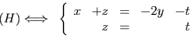 \begin{displaymath}
\begin{array}{cc}
\hspace*{14mm}(H)\Longleftrightarrow
&
\le...
...{rrcrr}
x&+z&=&-2y&-t\\
&z&=&&t
\end{array}\right.
\end{array}\end{displaymath}