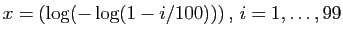 $ x=(\log(-\log(1-i/100))) , i=1,\ldots,99$