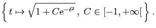 $\displaystyle \Big\{ t\mapsto \sqrt{1+C\mathrm{e}^{-t^2}} ,\;C\in [-1,+\infty[ \Big\}\;.
$