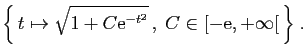 $\displaystyle \Big\{ t\mapsto \sqrt{1+C\mathrm{e}^{-t^2}} ,\;C\in [-\mathrm{e},+\infty[ \Big\}\;.
$