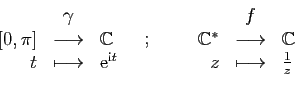 \begin{displaymath}\displaystyle{
\begin{array}{rcl}
&\gamma& [0.1ex]
[0,\pi]&...
...ghtarrow&\mathbb{C}\\
z&
\longmapsto& \frac{1}{z}
\end{array}}\end{displaymath}