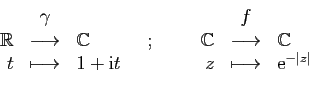 \begin{displaymath}\displaystyle{
\begin{array}{rcl}
&\gamma& [0.1ex]
\mathbb{...
...b{C}\\
z&
\longmapsto& \mathrm{e}^{-\vert z\vert}
\end{array}}\end{displaymath}