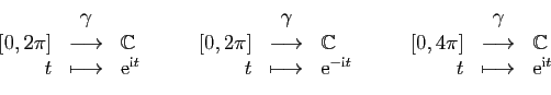 \begin{displaymath}
\begin{array}{rcl}
&\gamma& [0.1ex]
[0,2\pi]&\longrightarr...
...thbb{C}\\
t&
\longmapsto& \mathrm{e}^{\mathrm{i}t}
\end{array}\end{displaymath}