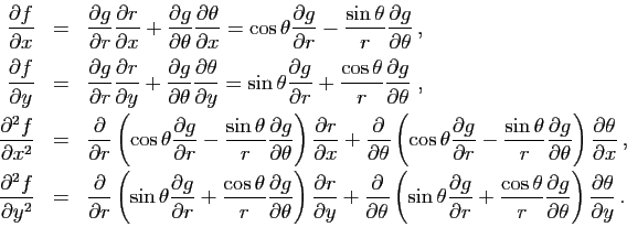 \begin{displaymath}
\begin{array}{rcl}
\displaystyle{\frac{\partial f}{\partial ...
...heta}\right)
\frac{\partial \theta}{\partial y}} .
\end{array}\end{displaymath}