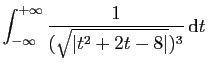 $ \displaystyle{
\int_{-\infty}^{+\infty}
\frac{1}{(\sqrt{\vert t^2+2t-8\vert})^3} \mathrm{d}t
}$