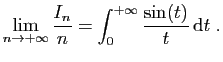 $\displaystyle \lim_{n\to +\infty} \frac{I_n}{n} =
\int_0^{+\infty} \frac{\sin(t)}{t} \mathrm{d}t\;.
$