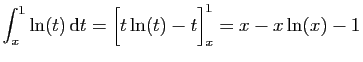 $\displaystyle \int_x^1 \ln(t) \mathrm{d}t = \Big[t\ln(t)-t\Big]_x^1 = x-x\ln(x)-1$