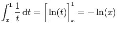 $\displaystyle \int_x^1 \frac{1}{t} \mathrm{d}t = \Big[\ln(t)\Big]_x^1 = -\ln(x)$