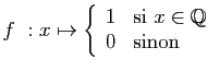 $ f&nbsp;: x\mapsto
\left\{\begin{array}{ll}
1&\mbox{si } x\in \mathbb{Q}\\
0&\mbox{sinon}
\end{array}\right.
$