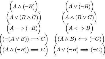 \begin{displaymath}
\begin{array}{cc}
\Big(A\wedge(\neg B)\Big)
&
\Big(A\vee(\ne...
...)
&
\Big(A\vee(\neg B)\Longrightarrow (\neg C)\Big)
\end{array}\end{displaymath}