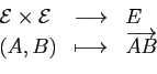 \begin{displaymath}
\begin{array}{lcl}
{\cal E}\times {\cal E}&\longrightarrow &E\\
(A,B)&\longmapsto&\overrightarrow{AB}
\end{array}\end{displaymath}