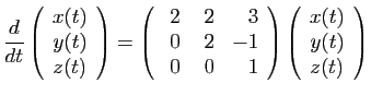 $\displaystyle \frac{d}{dt}\left(\begin{array}{c}
x(t)\\
y(t)\\
z(t)\end{array...
...nd{array}\right)
\left(\begin{array}{c}
x(t)\\
y(t)\\
z(t)\end{array}\right)
$