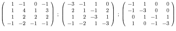 $\displaystyle \left(\begin{array}{rrrr}
1&-1&0&-1\\
1&4&1&3\\
1&2&2&2\\
-1&-...
...array}{rrrr}
-1&1&0&0\\
-1&-3&0&0\\
0&1&-1&1\\
1&0&-1&-3
\end{array}\right)
$