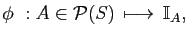$\displaystyle \phi&nbsp;: A\in {\cal P}(S) \longmapsto  \mathbb{I}_A,
$