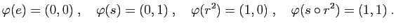 $\displaystyle \varphi(e)=(0,0)\;,\quad
\varphi(s)=(0,1)\;,\quad
\varphi(r^2)=(1,0)\;,\quad
\varphi(s\circ r^2)=(1,1)\;.
$