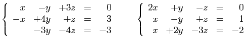 $\displaystyle \left\{\begin{array}{rrrcr}
x&-y&+3z&=&0\\
-x&+4y&+z&=&3\\
&-3y...
...array}{rrrcr}
2x&+y&-z&=&0\\
x&-y&+z&=&1\\
x&+2y&-3z&=&-2
\end{array}\right.
$