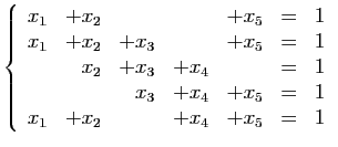 $\displaystyle \left\{ \begin{array}{rrrrrcr} x_1&+x_2&&&+x_5&=&1\ x_1&+x_2&+x_...
...3&+x_4&&=&1\ &&x_3&+x_4&+x_5&=&1\ x_1&+x_2&&+x_4&+x_5&=&1 \end{array} \right.$
