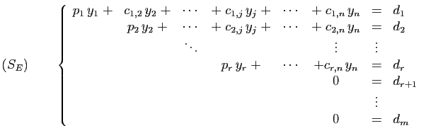 $\displaystyle (S_{E})\qquad
\left\{\begin{array}{cccccccl}
p_1 y_1\;+&c_{1,2}\...
...&d_r\\
&&&&&0&=&d_{r+1}\\
&&&&&&\vdots&\\
&&&&&0&=&d_{m}
\end{array}\right.
$