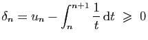 $\displaystyle \delta_n = u_n - \int_n^{n+1}\frac{1}{t} \mathrm{d}t\;\geqslant\; 0$