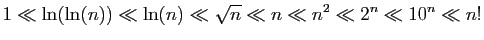 $\displaystyle 1\ll \ln(\ln(n))\ll \ln(n) \ll \sqrt{n}\ll n \ll n^2
\ll 2^n \ll 10^n \ll n!
$